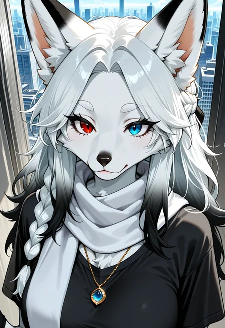 1girl, furry female, fox, solo, mature, heterochromia, red eyes, blue eyes, white eyebrows, black eyelashes, white hair, (gradient hair:1.1), (black hair:0.9), parted bangs, messy hair, half up half down braid, black fingernails, fox ears, white scarf, black t-shirt, black clothes, white clothes, clothes with white and gold accents, fingerless_gloves, pendant, city, (masterpiece:1.1), best quality, absurdres