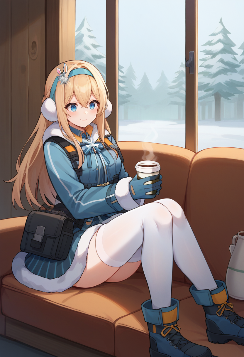<lora:Suomi-05:1>, suomi, long hair, blue eyes, hairband, blonde hair, snowflake hair ornament, gloves, suomi (girls' frontline), fur trim, blue hairband, hair between eyes, jacket, white thighhighs, boots, long sleeves, smile, indoor, holding, coffe, cup, coffee cup, cabin, couch, sitting, window, forest outside, snow outside,, score_9, score_8_up, score_7_up, source_anime,