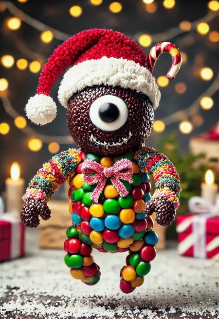 CHRC4ND7, Beholder with Santa hat, <lora:mrpcanrnet2:1> style of paint of mrp, mrph of a carnet mrpcanrnet2 with mrpdamier on (mrpvp), covered of mrpv, bhlr