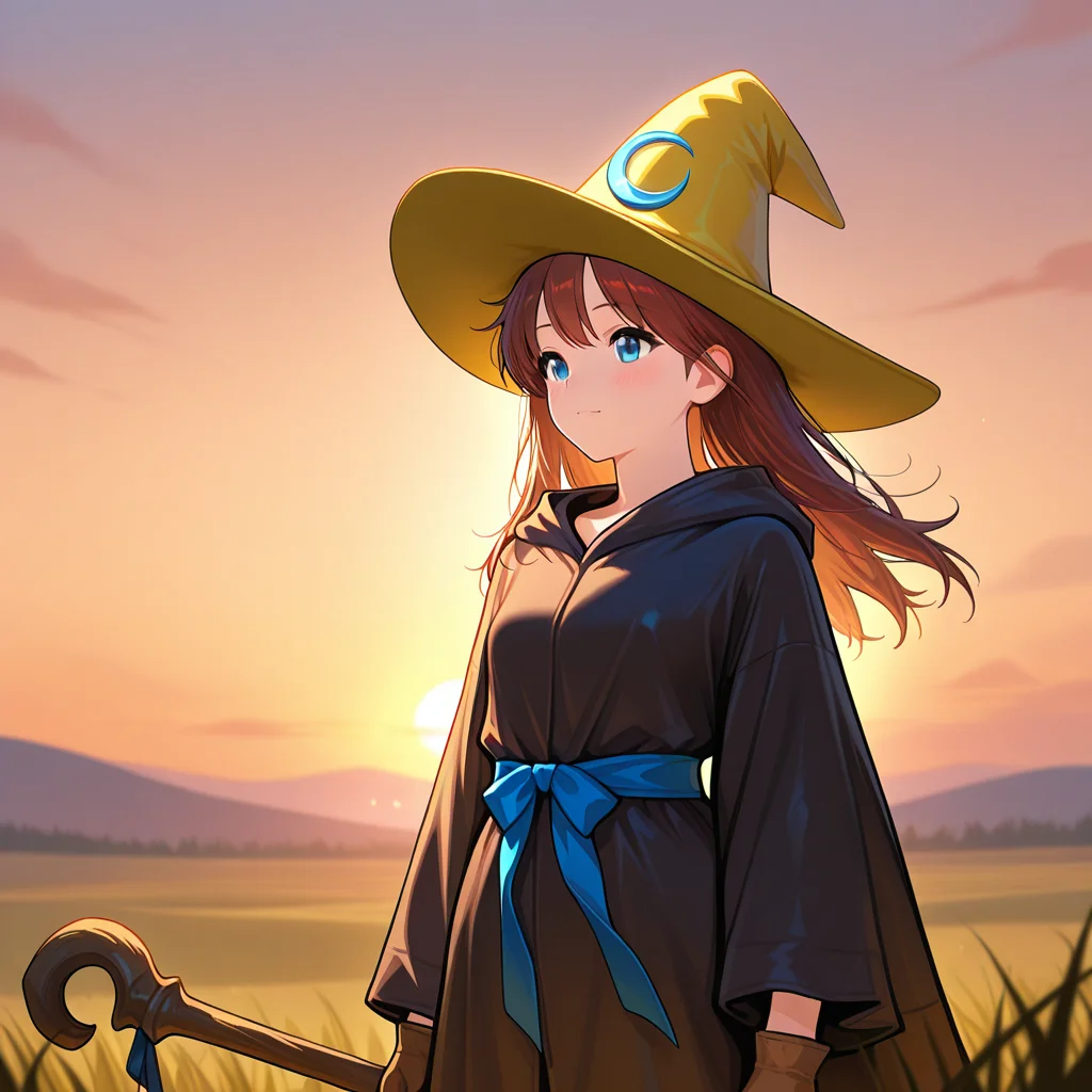 sunset, grassy hill, standing alone, peaceful atmosphere, orange sky, cloak fluttering in the wind, silhouette ,1girl, <lora:BlackMage_CostumeV2_Illustrious:1.0>,Blackmage_cos,black robe,witch hat,yellow_headwear,wide ,sleeves,gloves,hat ornament,blue_sash,bow,holding staff, upper body,, masterpiece, best quality, amazing quality, newest