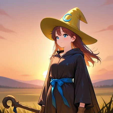 sunset, grassy hill, standing alone, peaceful atmosphere, orange sky, cloak fluttering in the wind, silhouette ,1girl, <lora:BlackMage_CostumeV2_Illustrious:1.0>,Blackmage_cos,black robe,witch hat,yellow_headwear,wide ,sleeves,gloves,hat ornament,blue_sash,bow,holding staff, upper body,, masterpiece, best quality, amazing quality, newest