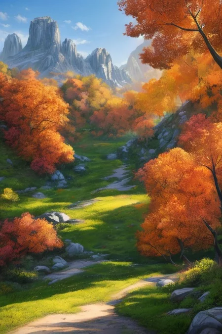 Bittersweet, meadow, Bright Aspen trees in fall, red, yellow, orange, mountainside, stream, acrylic painting, trending on pixiv fanbox, palette knife and brush strokes, style of Makoto Shinkai, Jamie Wyeth, James Gilleard, Edward Hopper, Greg Rutkowski, Studio Ghibli, Genshin impact , high resolution detail, studio photo quality <lora:Art-full_v1:0.3>
