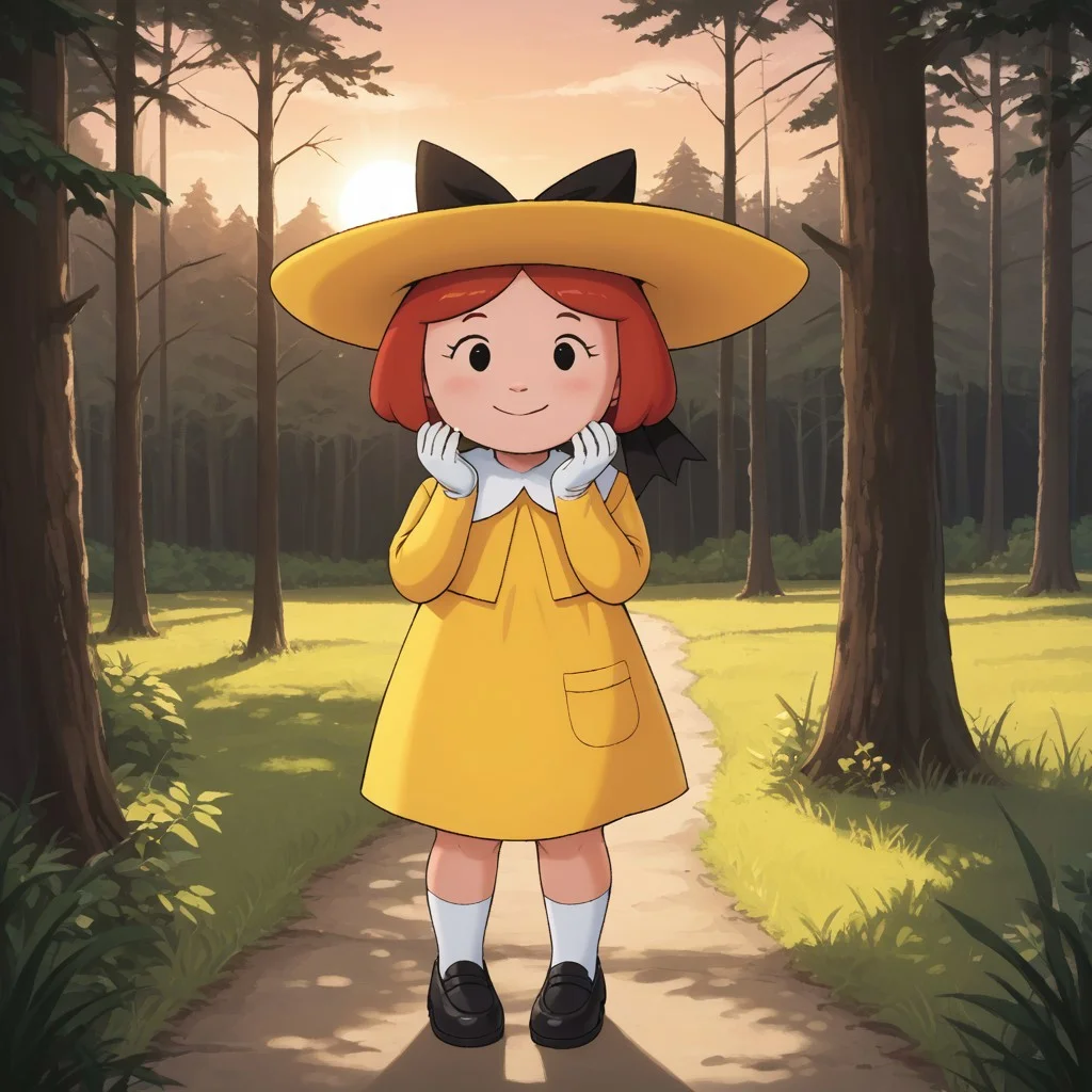 score_9, score_8, BREAK, solo, Madeline_Fogg, 1girl, solo, cute, black eyes, yellow hat with a black hair bow, yellow school dress, white gloves, red hair, socks, black shoes, self portrait, smile, looking at viewer, outdoors, sunlight, shadows, evening lighting, natural lighting, forest, trees, grass, orange sky, sunset, shortstack, young,