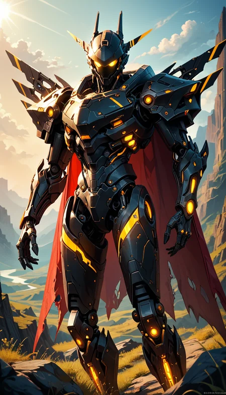 score_9, score_8_up, score_7_up, Cowboy Shot, mecha (black robot), black glass full helmet, not visible face, red cape, floating cape, yellow glowing eyes, science fiction, torn clothes, glowing, mechanical joints, black|yellow metal color, intense sunlight, outdoors, landscape, cinematic lighting, amazing quality, wallpaper, 4n1v3rs3, depth of field, dynamic angle, sharp, hyperdetailed:1.15