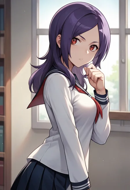score_9, score_8_up, score_7_up, masterpiece, source_anime, 1girl, ct_setsun4, red eyes, purple hair, medium breasts, school uniform, pleated skirt, long sleeves, looking at viewer, depth of field, indoors, cowboy shot, portrait, hand up, window shade, shiny skin,<lora:Higashi_Setsuna_Eas_Pony_ct_ver3:1>