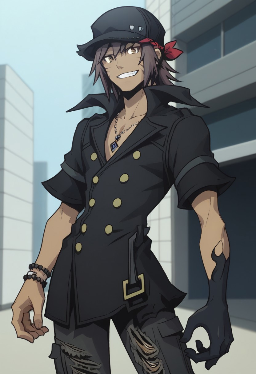 score_9, score_8_up, score_7_up, source_anime, highly detailed, 
minamoto, 1boy, solo, male focus, gloves, jewelry, smile, pants, single glove, black hand, torn clothes, hat, black gloves, yellow eyes, brown hair, bracelet, necklace, torn pants, standing,
dark skin, dark-skinned male, black headwear, looking at viewer, buttons, grin, shirt, bandana, upper body
outdoor, street, building, sky