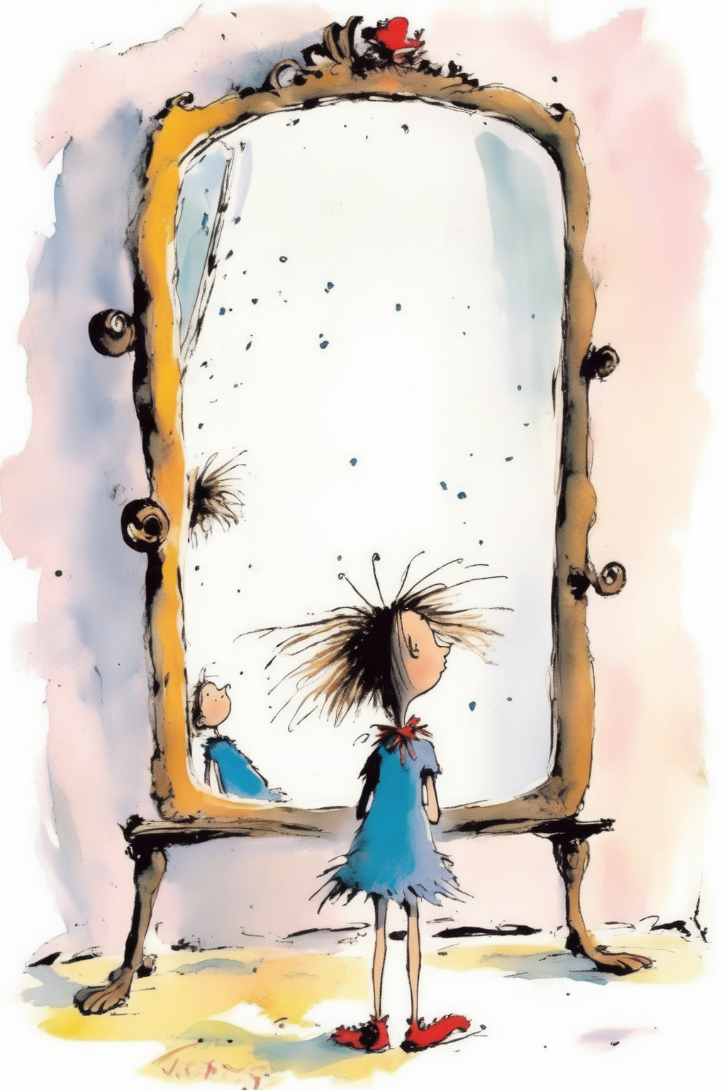 <lora:Quentin Blake Style:1>Quentin Blake Style - a teenage girl discovered a big mirror that reflected not only her physical appearance but also her inner self. As Maya gazed into the mirror, she saw her dreams, passions, and strengths reflected back at her. quentin blake style