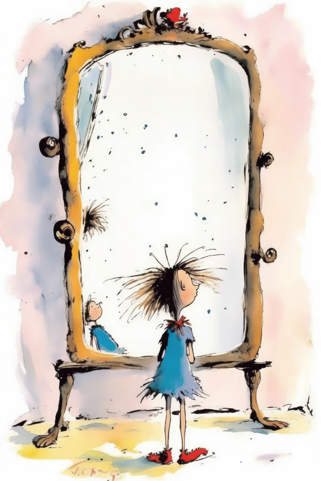 <lora:Quentin Blake Style:1>Quentin Blake Style - a teenage girl discovered a big mirror that reflected not only her physical appearance but also her inner self. As Maya gazed into the mirror, she saw her dreams, passions, and strengths reflected back at her. quentin blake style