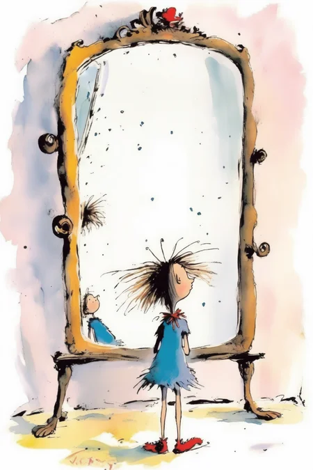 <lora:Quentin Blake Style:1>Quentin Blake Style - a teenage girl discovered a big mirror that reflected not only her physical appearance but also her inner self. As Maya gazed into the mirror, she saw her dreams, passions, and strengths reflected back at her. quentin blake style