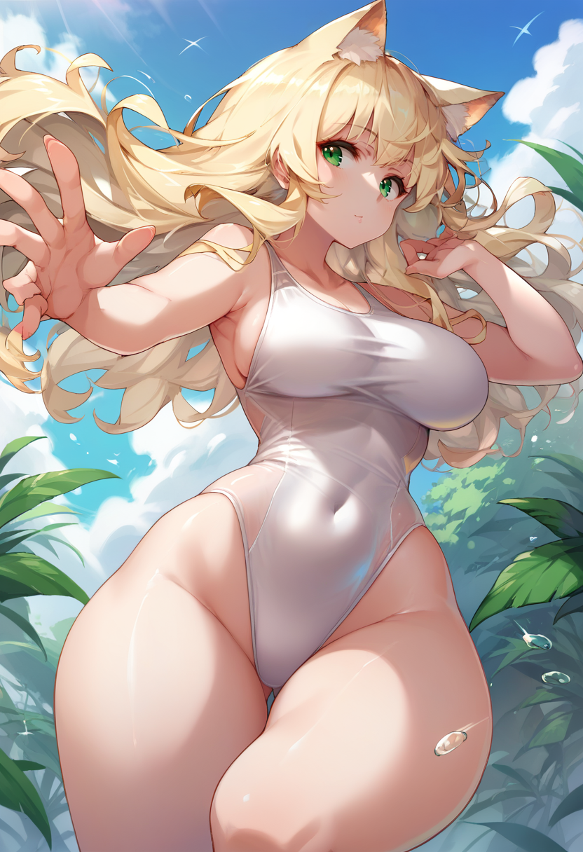 score_9, score_8_up, score_7_up, source_anime, 1girl, one-piece swimsuit, white swimsuit, blonde hair, green eyes, floating hair, cat girl, cat ears, big breasts, wide hips, thick thighs <lora:HongBS_Whitespider_-Style-PonyXL-Dora-000035:1>