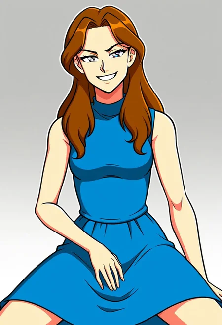 kellymorrison, source_cartoon, portrait illustration of a young woman wearing a dress, gray eyes, long hair, smirk. sitting, simple background. 8k, perfect quality, cinematic lighting.