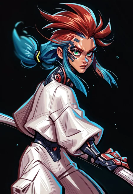 score_9, score_8_up, score_7_up, score_6_up, 1girl, BREAK,
Ra3lyn, Cyberpunk Style, masterpiece, best quality, good quality, very aesthetic, absurdres, newest, 8K, depth of field, half-face demon, focused subject, portrait, dynamic angle, action shot, 1girl, solo, medium hair, split hair, split-color hair, two tone hair, blue hair, red hair, (low-tied_long_hair), front locks, twin locks, front locks, white clothing, looking at viewer, fierce look, organic, the cyborg is very sinister and dangerous, cross_draw, glowing katana, thermal katana, sword_draw, iaido, one_hand_on_sheath, unsheathing, duality, light and shadow, dark and bright
in the style of cksc, upside-down,handstand, zPDXL