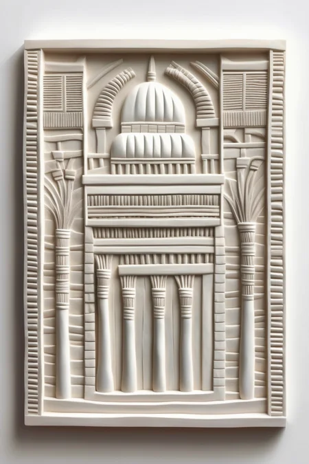 <lora:BAS-RELIEF:1>BAS-RELIEF - white background, artisanal work, bas-relief, square, simple, representing a mesopotamia building