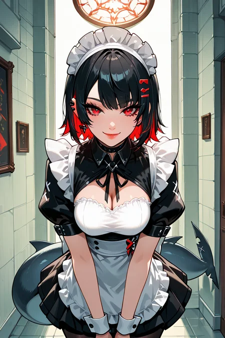 masterpiece, best quality, 1girl, solo, 21 year old model, eyelashes, (beautiful eyes), ,,, ellen joe, black hair, colored inner hair, multicolored hair, red eyes, red hair, short hair, two-tone hair, apron, black pantyhose, black shirt, black skirt, ear piercing, fins, fish tail, maid, maid apron, maid headdress, pantyhose, piercing, puffy short sleeves, puffy sleeves, shark girl, shark tail, shirt, short sleeves, skirt, tail, two-tone hair, wrist cuffs, <lora:EllenJoeIXL:1.0>, ,,,solo, (beautiful eyes), beautiful lips, upper body, leaning forward, portrait, smile, looking at viewer, <lora:CyberPerfectionIXL:1.0>,