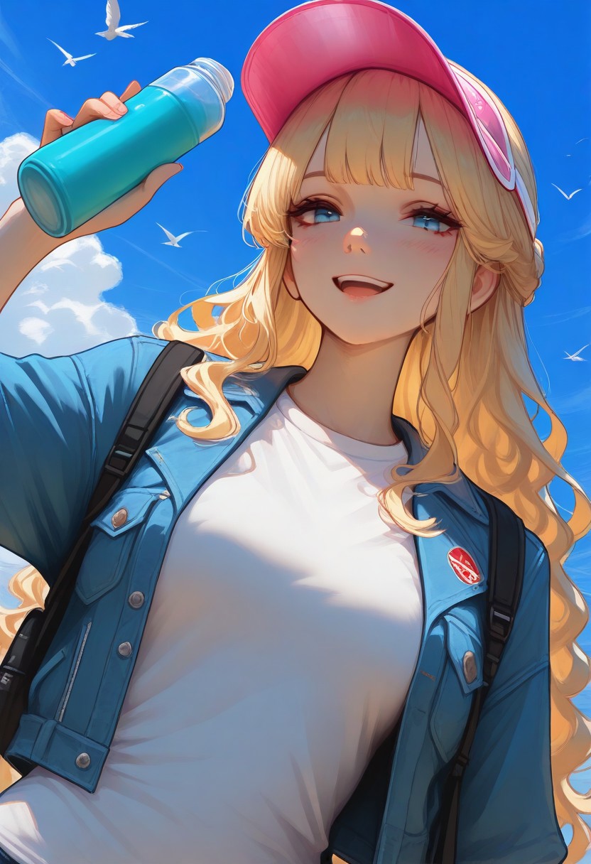 masterpiece, best quality, 1girl, solo, blonde hair, wavy hair, half updo, sidelocks, choppy bangs, blue eyes, smile, open mouth, looking at viewer, hand up, holding bottle, aqua thermos, visor cap, pink cap, transparent cap, t-shirt, white shirt, cropped jacket, denim jacket, black backpack, upper body, from below, dutch angle, blue sky, day, cloud, bird, stylized
