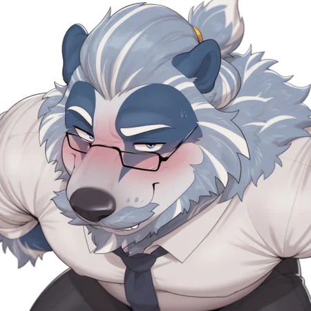 masterpiece, best quality, amazing quality, solo,
Anthro,HowliteBadger,multicoloured body,musclegut,facial hair, beard,white markings,
Collared shirt, tie, black pants, pose, glasses, looking at viewer, smirk, blushing,
White background, face focus,