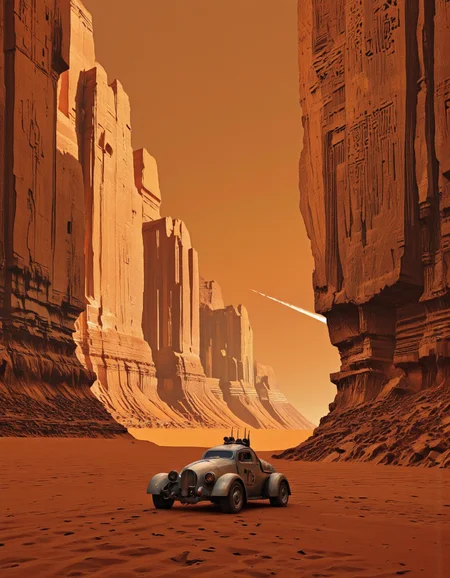 Art by Alexey Egorov.
A digital illustration shoot from a far camera angle about a futuristic landscape featuring towering rock formations and a small vehicle in the foreground. the scene is set in a desert environment with a warm orange sky and a contrail in the distance. in the center of the image, a small, metallic vehicle with a camera mounted on top appears to be a spacecraft, positioned on the ground. the vehicle has four wheels and a sleek design, with a pointed nose and antennae. it is positioned in the middle of the scene, with the large rock formations on either side of it. the rock formations have intricate carvings on their surfaces, and the ground is covered in a reddish-brown color, giving the scene a desert-like atmosphere.