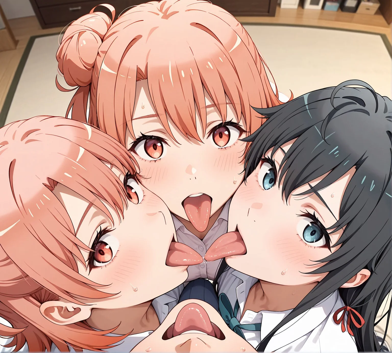 masterpiece,best quality,amazing quality,very aesthetic,absurdres,newest, huge filesize,
<lora:spo_sdxl_10ep_4k-data_lora_webui:0.5>,
<lora:add-detail-xl:1>anime screenshot, 2d,anime coloring, flat color,
<lora:group_kiss:0.6>3pffmkiss ,
3rd_kiss,group kiss, third-person perspective,
(3girls:1.3), 1boy,hetero, open mouth, from above ,looking at viewer,
tongue out,
sweat, sweatdrop,
BREAK
yukinoshita yukino,
BREAK
Yuigahama Yui
BREAK
Hikigaya'Mother,Mrs. Hikigaya,