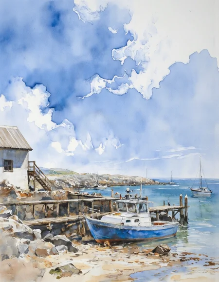 AquarelleIV. A watercolor painting of a small boat on a beach. The boat is blue and white in color and is anchored at a wooden pier. The pier is made of wooden planks and is surrounded by rocks and pebbles. On the left side of the image, there is a small white building with a sloping roof and stairs leading up to it. In the background, there are other boats on the water and a rocky shoreline. The sky is blue with white clouds and the water is a deep blue-green color. The painting has a soft, dreamy quality to it, with the colors blending together to create a sense of depth and texture.