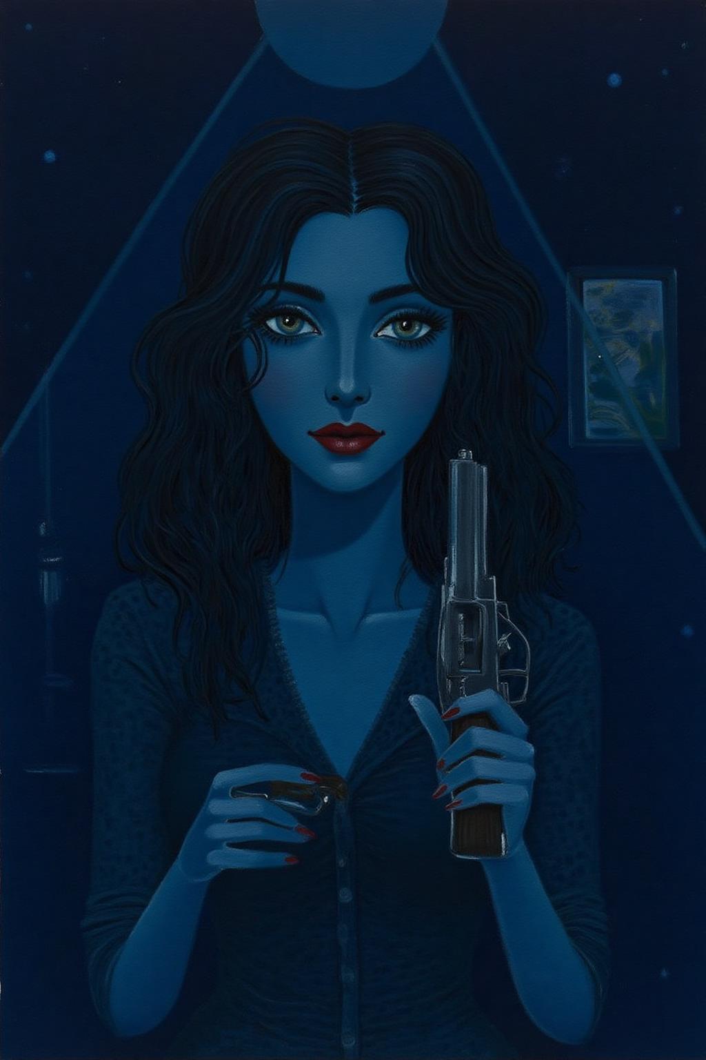 mawo1 painting
A painting depicting a serene, dreamy night scene in a stylized, abstract manner. 
a mysterious woman with dark, wavy hair and piercing eyes stands in the shadows of a dimly lit room. She is holding a small revolver with a delicate yet firm grip. Her red lipstick is the only color that stands out in the darkness, her intentions unclear but dangerous.
 <lora:mawo1_cap_d6a3e12:1.0><lora:821406585768177067:0>