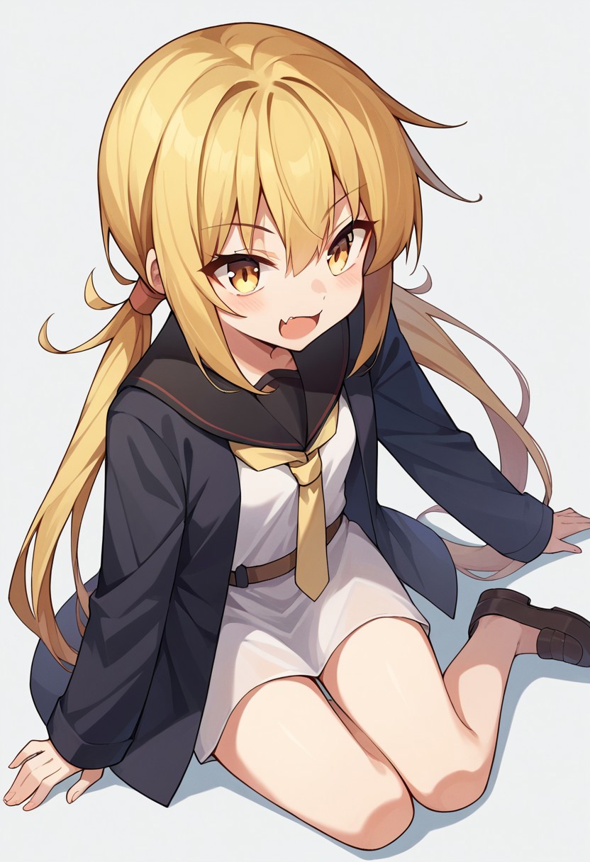 score_9, score_8, score_7, source_anime, satsuki (kancolle), low twintails, white shirt, small breasts, sitting, shoes, fang, black jacket, black sailor collar, neckerchief