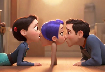 a pixar cartoon couple kissing each other