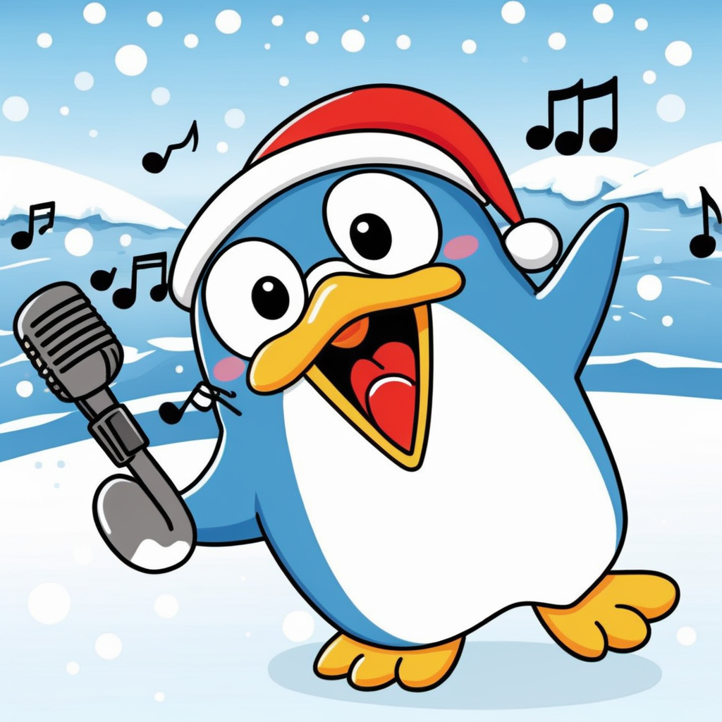 A cartoon style image of a joyful penguin engaged in singing. The penguin should be standing upright, with its beak open as if it's belting out a tune. Its eyes should be bright, and its posture should convey enthusiasm and happiness. The setting can be a natural Antarctic environment, with snow and ice in the background to provide context. Optionally, musical notes can be added around the penguin to emphasize that it is singing. <lora:donpen:0.65>