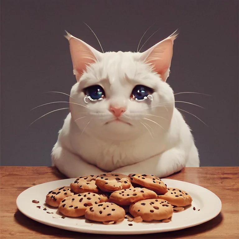 score_9, score_8_up, score_7_up,sad cat meme,
fat cat sitting, plate with cookies, <lora:sad_cat_pony27:0.6>,tears,cry
