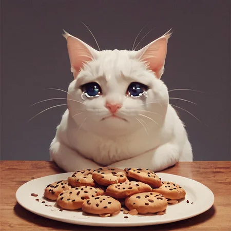 score_9, score_8_up, score_7_up,sad cat meme,
fat cat sitting, plate with cookies, <lora:sad_cat_pony27:0.6>,tears,cry