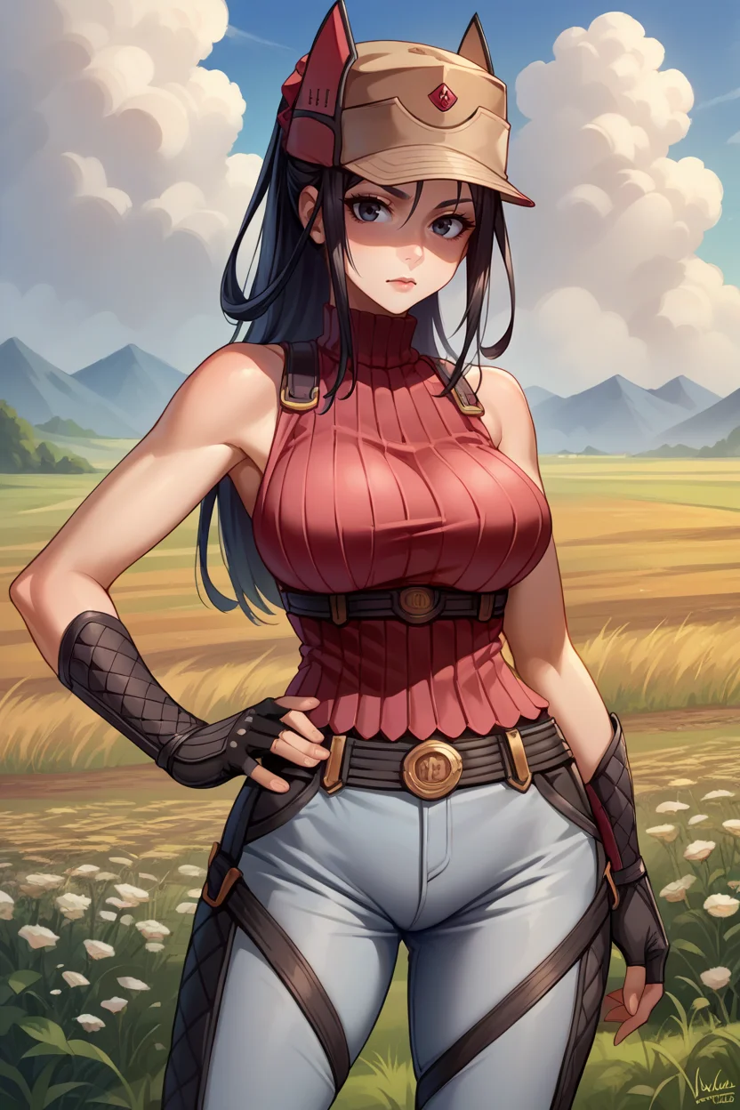score_9, score_8_up, score_7_up, score_6_up, source_anime, BREAK 1girl, solo, <lora:vc4kai-pdxl-nvwls-v1-000005:1> vc4kai, black hair, ponytail, hat, ribbed sweater, maroon sweater, sleeveless, pants, fingerless gloves, boots, hand on hip, looking at you, blue sky, field, upper body, breasts, (big breasts:0.7)