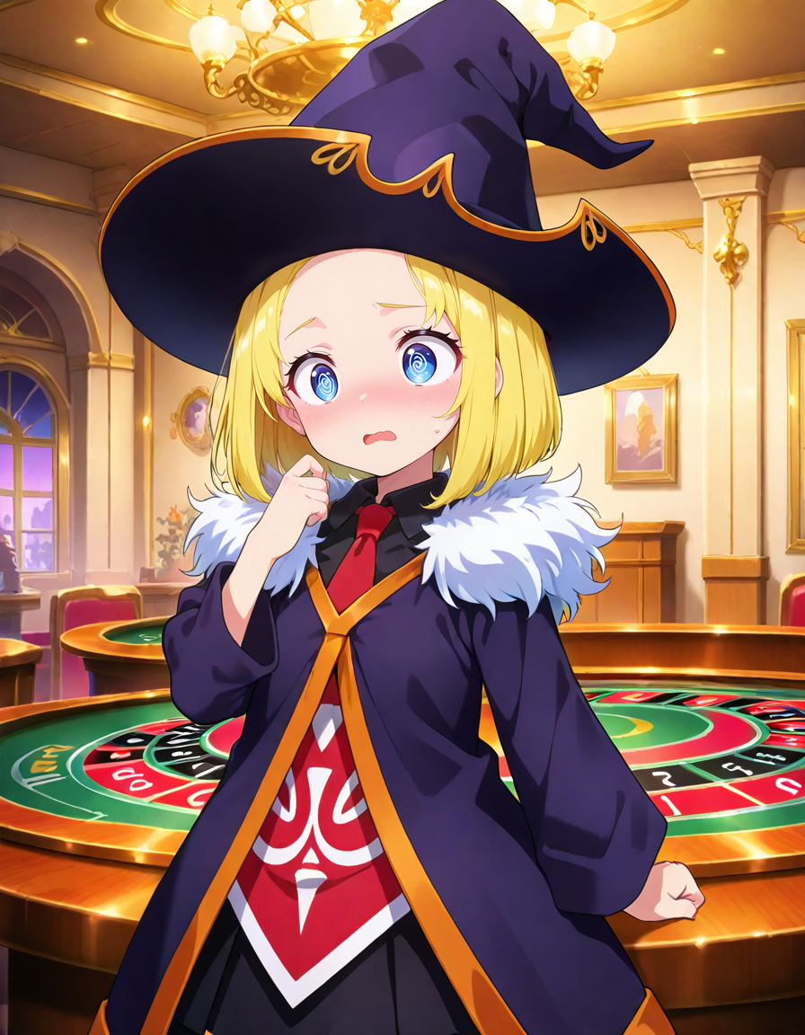 <lora:UsagaJudey_SDXL_Illustrious11_fp16_ver06:1>,UsagaJudey,1girl, solo,blonde hair,one length bob cut hair, forehead, blue eyes,witch hat,necktie,fur-trimmed dress,red tabard,skirt,red tabard,@_@,roulette,, masterpiece, best quality, very aesthetic, absurdres,<lora:detailed_hands:1>,hand