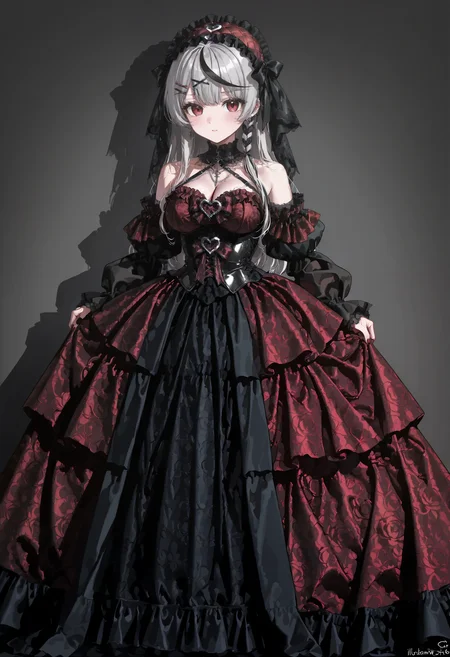 solo,1girl, gothic gown, red dress, sakamata_chloe