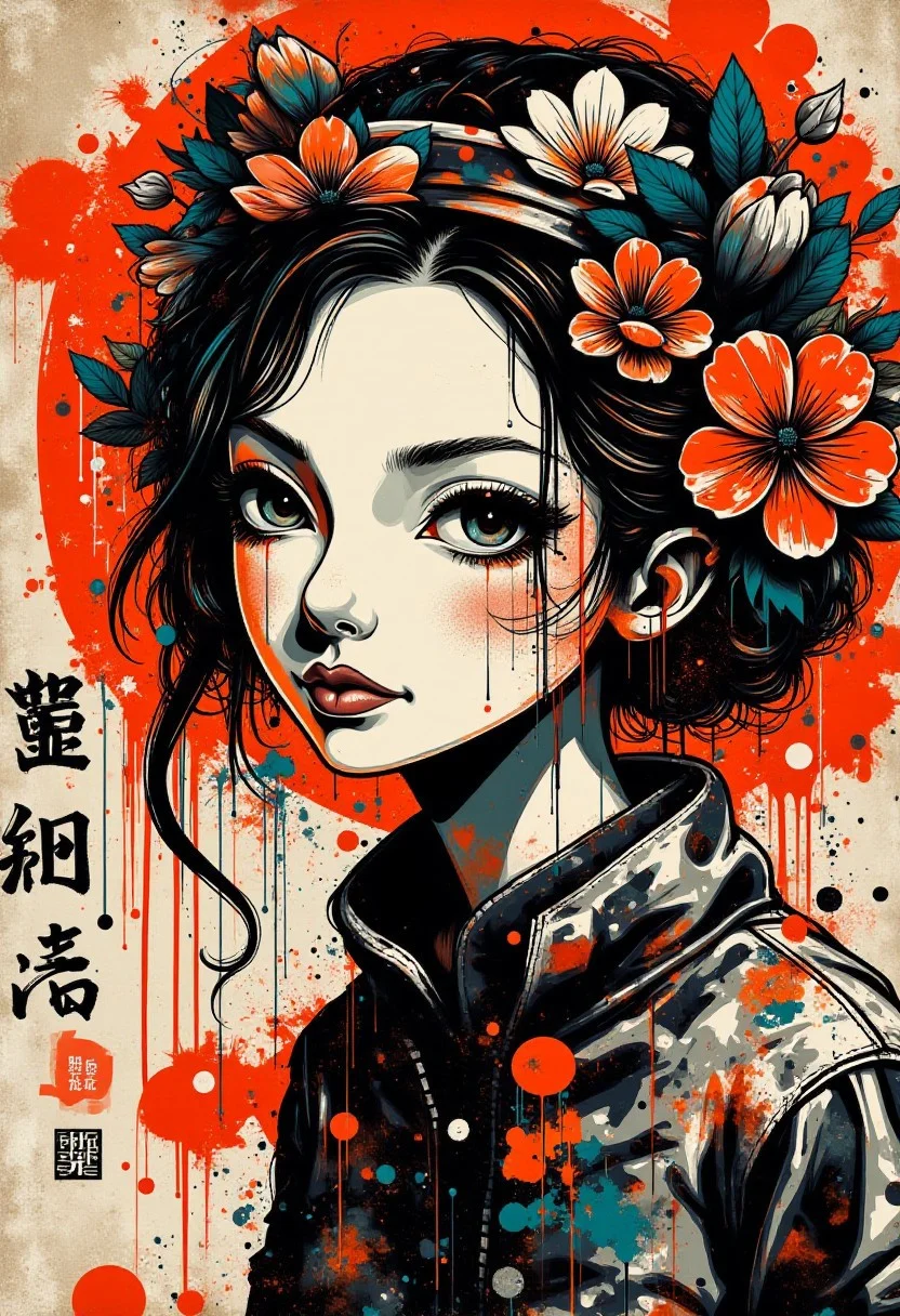 Stylized digital graffiti artwork, white woman, beautiful face, black and orange color tones, wabi-sabi art, abstract, punk collage, urbanpunk, flowerpunk, random textures, random graffiti strokes, kanji characters, surreal artwork, Impermanence