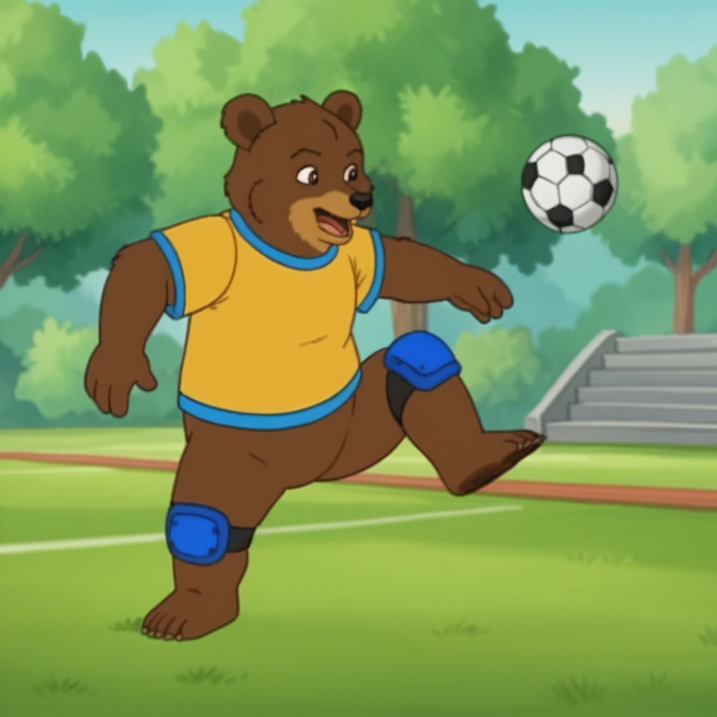 score_9, score_8_up, score_7_up, score_6_up, score_5_up, score_4_up, source_furry, bearfrnkln, semi-anthro, male, bear, brown fur, yellow shirt, blue knee pads, outside, standing, in a field, kicking soccer ball,