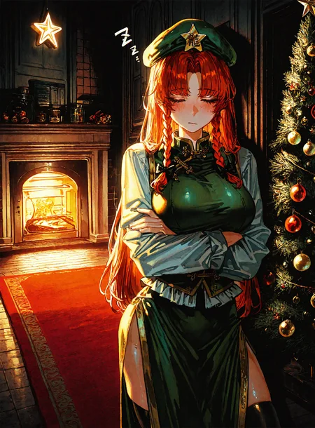 1girl, hong_meiling, blush ,braid, breasts ,chinese_clothes ,hat, long_hair, red_hair ,shirt star_(symbol) ,thighhighs, twin_braids, white_shirt,sleepy ,against_wall ,zzz,closed_eyes ,crossed_arms ,
chrlib, scenery, indoors, living room, night, oven, christmas tree, christmas ornaments, red carpet,
, Fishine,ireading ,noya_makoto ,quasarcake, retro_artstyle, retro,looking_at_viewer ,
masterpiece, best quality, amazing quality, very aesthetic, absurdres, newest, <lora:ponyv5_noobE11_1_adamW:0.6>, <lora:add-detail-xl:0.5>, <lora:cfg_scale_boost:0.5>, <lora:retro_scifi_artstyle:0.6>, <lora:USNR STYLE_XL_loha:0.6>, <lora:Christmas living room:0.6>