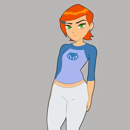 gwen tennyson, ginger, orange hair, capri pants, white pants, blue shirt, raglan sleeves, green eyes, short hair, hairclip