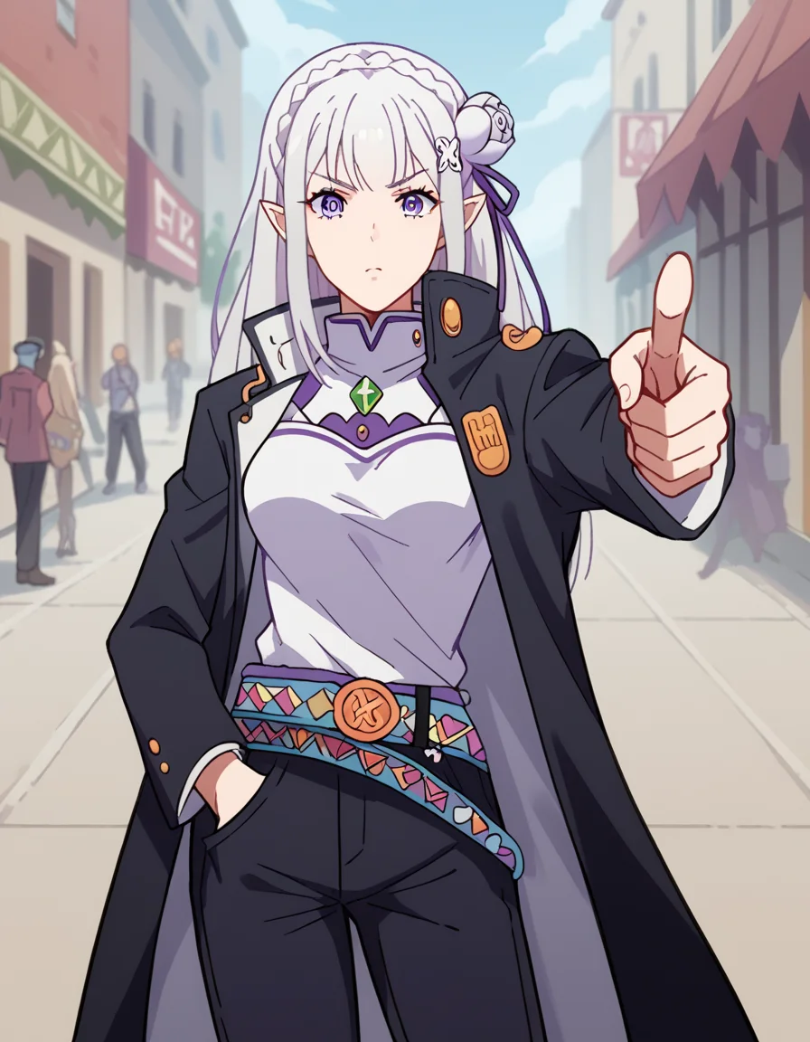 score_9, score_8_up, score_7_up, source_anime, <lora:rezero-emilia-s1s2-ponyxl-lora-nochekaiser:1>, emilia, braid, crown braid, flower, hair flower, hair ornament, hair ribbon, long hair, pointy ears, purple eyes, white hair, x hair ornament, medium breasts,, <lora:kujo-jotaro-cosplay-ponyxl-lora-nochekaiser:1>, kujo jotaro cosplay, kujo jotaro (cosplay), gakuran, cosplay, belt, black headwear, black jacket, black pants, high collar, multiple belts, pants, shirt,, street, jojo pose, pointing, hand in pocket, cowboy shot, looking at viewer,