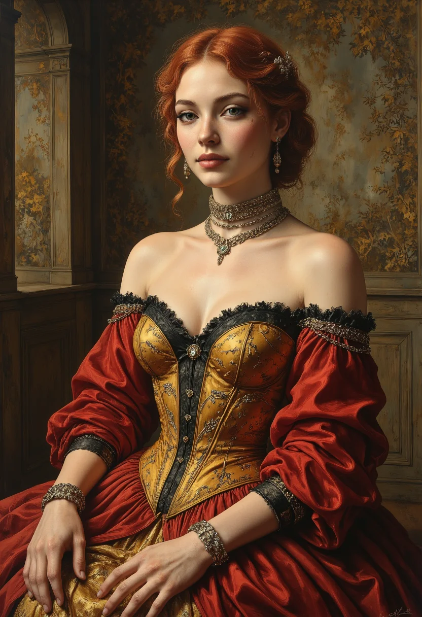 A Renaissance-style, 3/4 profile tight, closeup portrait of an oil painting of a woman piercing golden-hazel eyes and fiery red curls from the chest up sitting before a textured background of an aged, baroque patterned wall in muted earth tones, draped in a meticulously crafted Renaissance gown with modern embellishments. The off-the-shoulder dress, made of deep crimson velvet, features an embroidered golden corset laced with delicate black silk ribbons and a subtle digital luminescence outlining the brocade patterns. Her sleeves are long and flowing, gathered at the wrists with metallic clasps shaped like circuit patterns. Her pearl-adorned hair is woven with fine gold chains, a gold and diamond choker is around her neck and gold and diamond braclets adorning her wrists. The soft illumination contrasts beautifully against the dimly lit room as she stares at the viewer with a subtle smile. <lora:illustration20FLUX20.XsbF:0.3500000000000001> <lora:SkoolDaze_Portrait_Style-000014:0.5500000000000002> <lora:Mezzotint_Artstyle_for_Flux_-_by_Ethanar:0.5500000000000002> <lora:cpa.LgFo:0.3500000000000001>