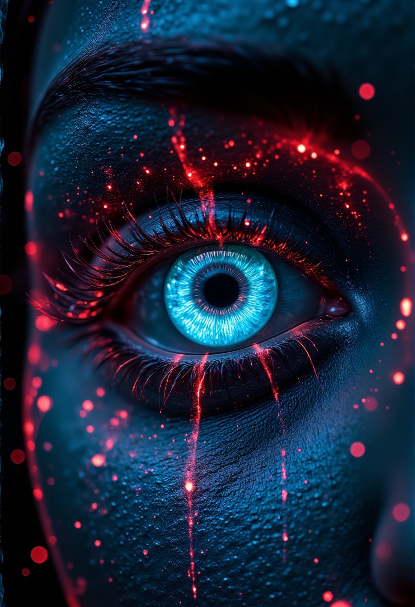 , fluorescent make-up, glowing eyes, dust, cinematic film still of a beautiful macro eye close-up, bright eye, photorealistic, 100mm f/2.8 macro lens, glow, glowing (masterpiece, award winning artwork) many details, extreme detailed, full of details detailmaximizer, magic bronze frame merging into image,aidmaGlow