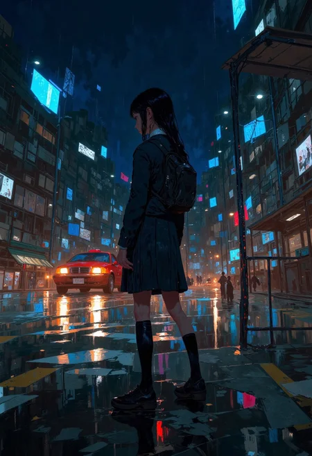 score_9, score_8_up, score_7_up, high detailed, high quality, masterpiece, no text, quality highlights, 8k detail, detailed background, dynamic view, ultra-detailed,
...
minimal moody portrait of A teenage japanese school girl, school uniform, standing alone by a bus stop in a city, in the rain, at night. She looks shocked and sad. Face focus, Night sky, lights from cars