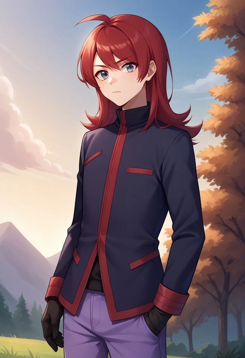 score_9, score_8_up, score_7_up, source_anime, highly detailed,
pokesilv, 1boy, male focus, solo, red hair, jacket, pants, grey eyes, purple pants, gloves, closed mouth,
standing, bangs, ahoge, long sleeves, long hair, black jacket, black gloves, upper body,
outdoor, tree, sky,