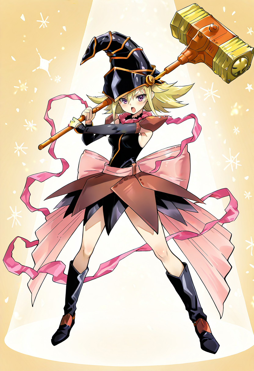 masterpiece,best quality,amazing quality,very aesthetic,absurdres,newest, gorudionhammer, hammer, holding hammer, huge weapon, yellow background, 1girl, solo, gagaga girl, black knee boots, black skirt, black wizard hat ,black leotard, black detached sleeves, pink ribbon, pink necklace, gold necklace, serious, open mouth, standing, full body,