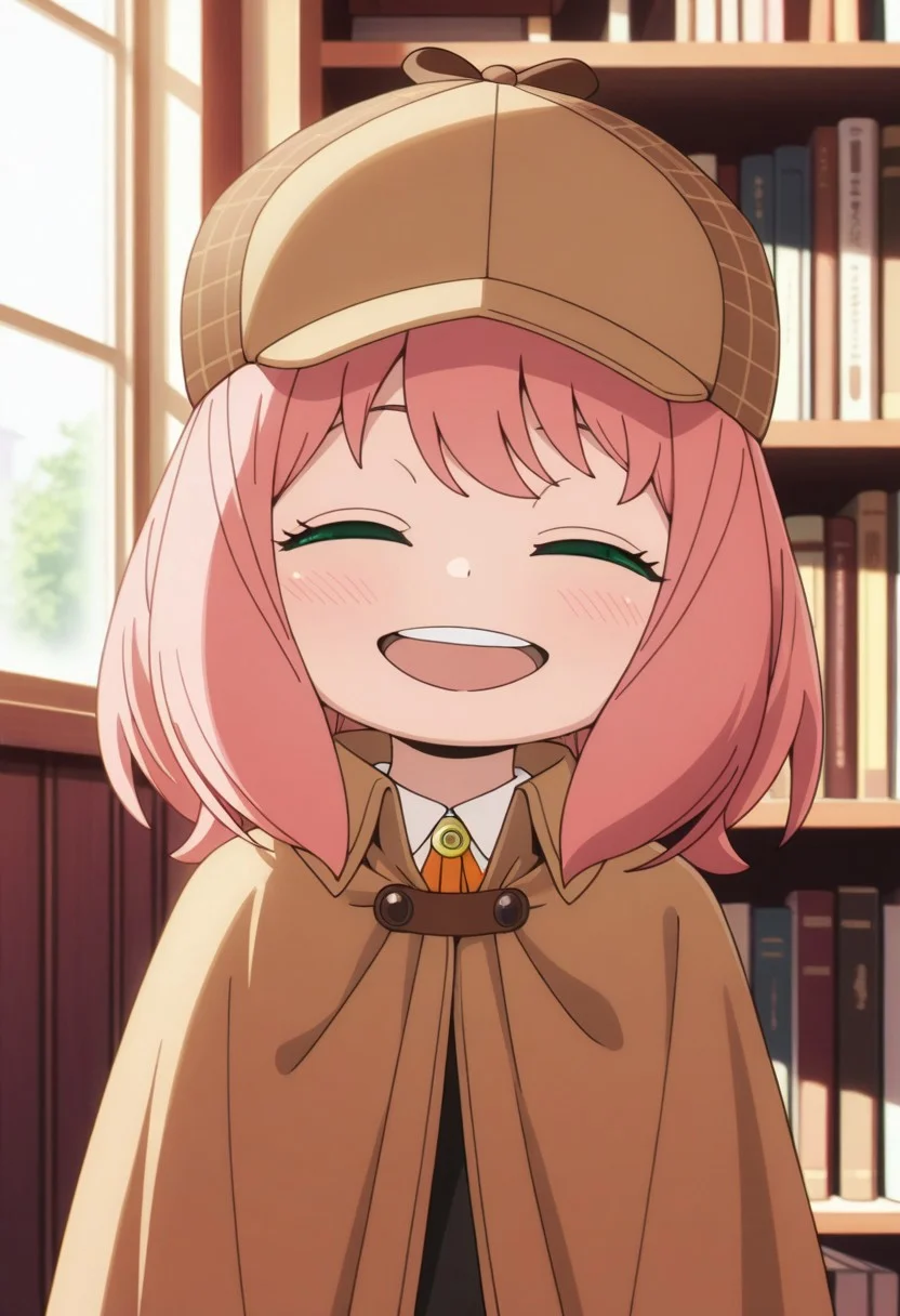 masterpiece,best quality,amazing quality, anya forger, pink hair, female child, child, medium hair, 1girl, bookshelf, solo, hat, closed eyes, deerstalker, open mouth, detective, brown headwear, smile