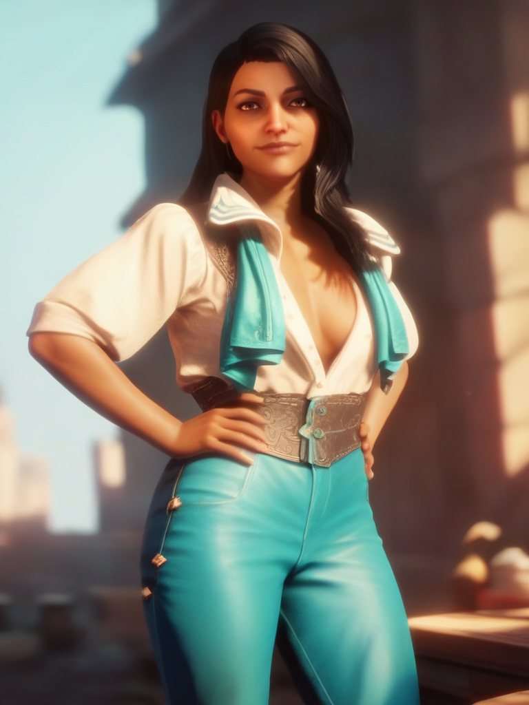 score_9, score_8_up, score_7_up, 1girl, dynamic pose, cowboy shot, light smile, looking at viewer, daylight, hands on hips, sexually suggestive, white light,
 <lora:ANaveGallus_character:0.8>, NaveGallus, black hair, long hair, brown eyes, dark skin, open clothes, white shirt, blue pants, belt, screencap