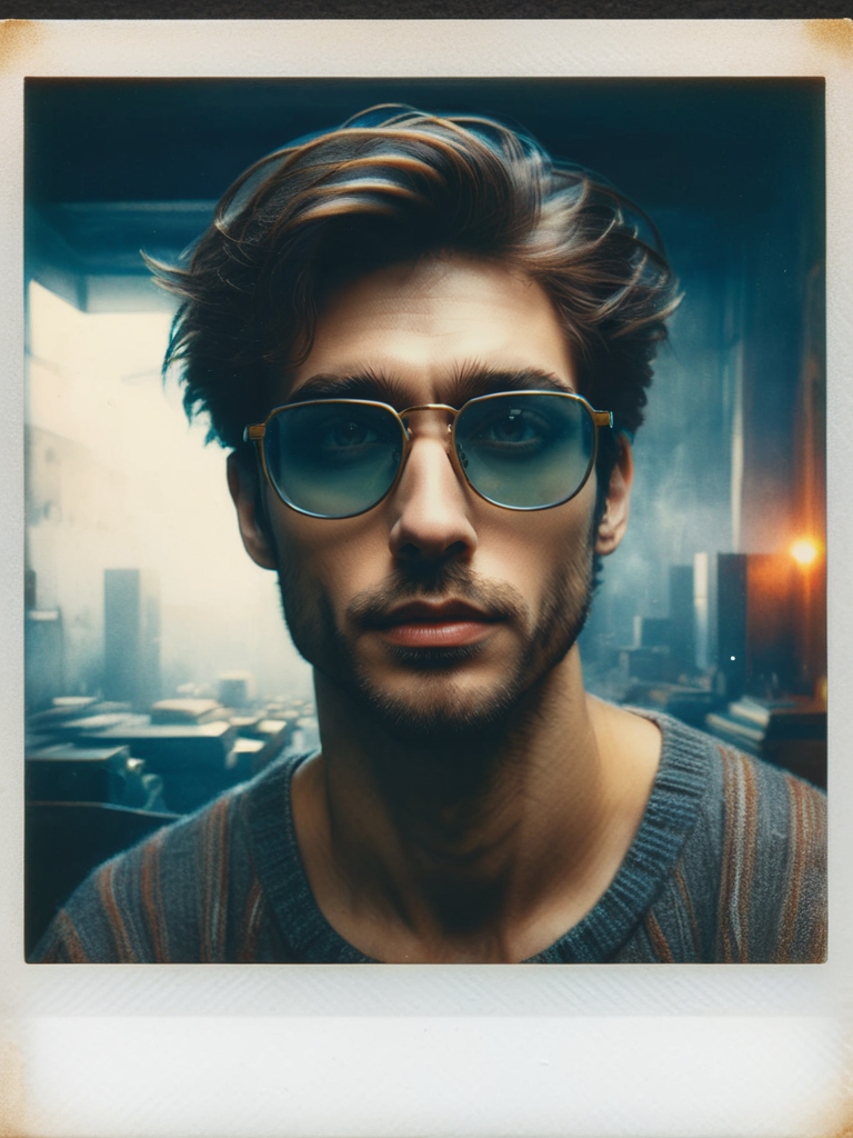 designed by greg manchess,smoke, Close Portrait of a man, bright eyes, matte lips, cigarette, futuristic, gold glasses, trending on art station, photoreal, 8 k, octane render by greg rutkowski, art by Carne Griffiths and Wadim Kashin ,in the style of Dau-al-Set, Pollock, and inspired by MAPPA and Zdzislaw Beksinski <lora:ral-polaroid:1> ral-polaroid