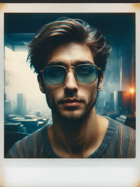 designed by greg manchess,smoke, Close Portrait of a man, bright eyes, matte lips, cigarette, futuristic, gold glasses, trending on art station, photoreal, 8 k, octane render by greg rutkowski, art by Carne Griffiths and Wadim Kashin ,in the style of Dau-al-Set, Pollock, and inspired by MAPPA and Zdzislaw Beksinski <lora:ral-polaroid:1> ral-polaroid