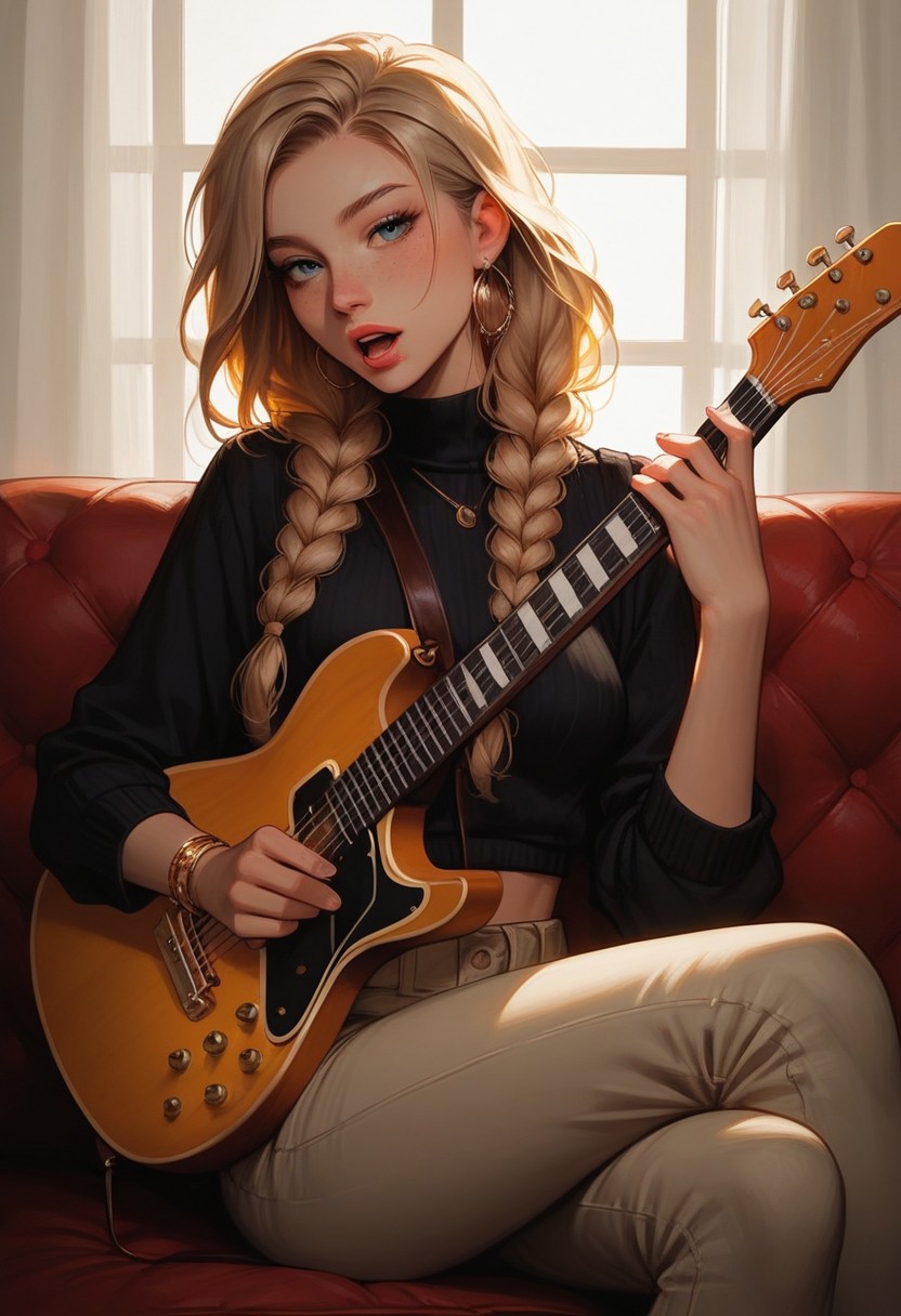 masterpiece, score_9, score_8_up, score_7_up, EasyNegative_v2, (best quality:1.1), ultra-detailed, high resolution, super detailed skin, Highly Visible, 8k, sharp focus, beautiful, perfect lighting, smooth edges, 18 year old girl, cute innocent girl, petite, slender body, large perky round breasts, freckles, full pouty lips, slim legs, braided blonde hair, twin braids, long braids, blue eyes, jewelry, black sweater, textured clothes, (beige pants), ((playing guitar, wooden guitar, classic guitar, singing, open mouth)), (1girl), solo, sitting on couch, red couch, soft indoors lighting, sunset
