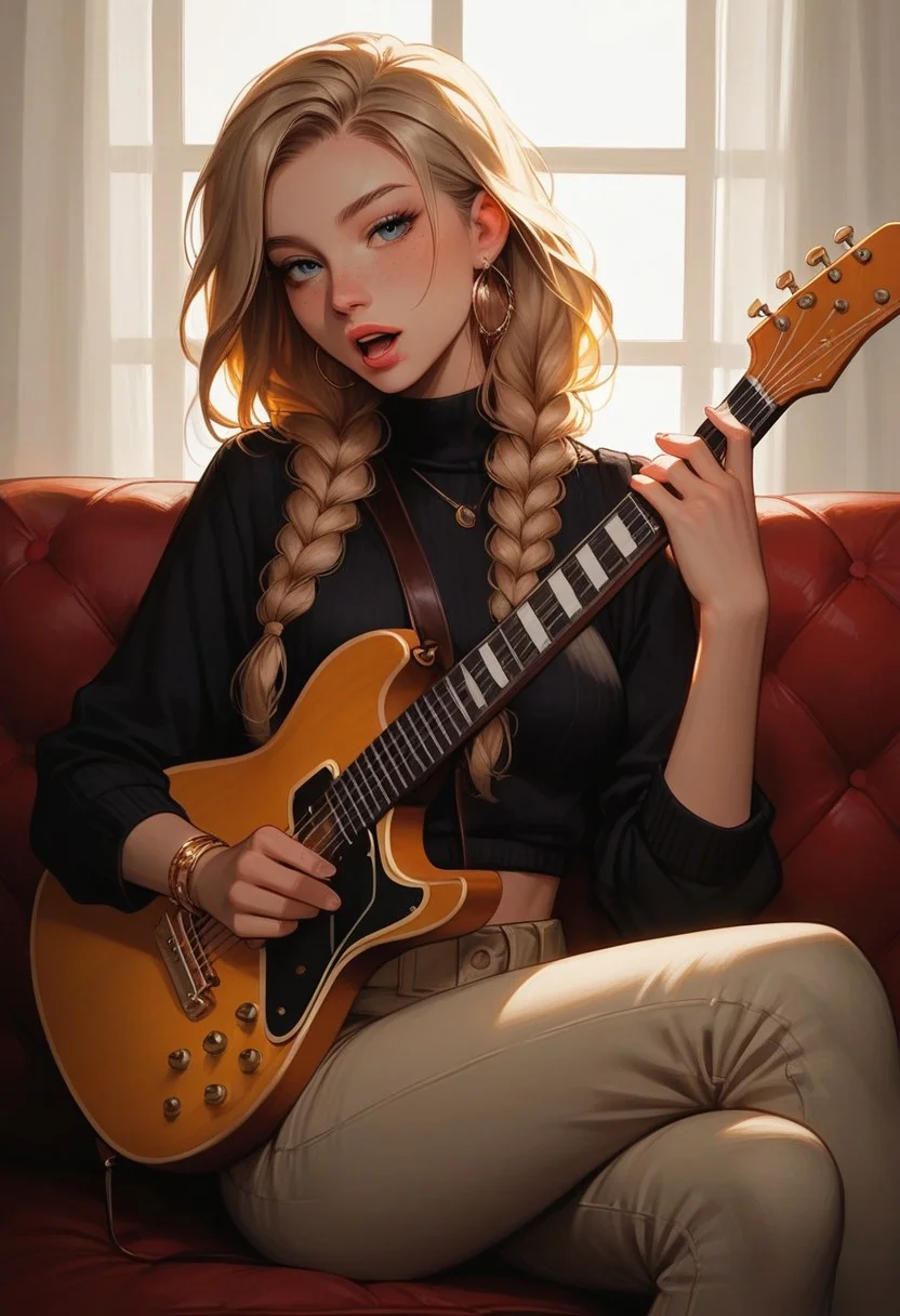 masterpiece, score_9, score_8_up, score_7_up, EasyNegative_v2, (best quality:1.1), ultra-detailed, high resolution, super detailed skin, Highly Visible, 8k, sharp focus, beautiful, perfect lighting, smooth edges, 18 year old girl, cute innocent girl, petite, slender body, large perky round breasts, freckles, full pouty lips, slim legs, braided blonde hair, twin braids, long braids, blue eyes, jewelry, black sweater, textured clothes, (beige pants), ((playing guitar, wooden guitar, classic guitar, singing, open mouth)), (1girl), solo, sitting on couch, red couch, soft indoors lighting, sunset