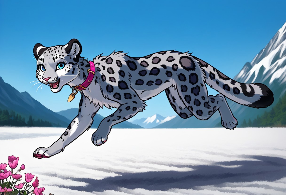 score_9, score_8_up,  score_7_up, Furry female, Snow Leopard girl, Cute, Sexy, Petite, kawaii, 1girl,  solo,  feral feral female, digitigrade, running, female running, running on all fours, feral_snow_leopard, looking at viewer, female focus, beautiful face, female, furry female, , furry snow_leopard, anthro snow_leopard, blue eyes, bald, whiskers, gray fur ,  sfw, 
snow_leopard fur, fluffy tail,  , snow_leopard tail,     , Beautiful Eyes,  ,   , Fluffy fur, fuzzy fur, Soft Fur, bald,  , messy fur, cute face,    bald female, feral feral female, collar,     female ,     <lora:BlueFox Mix V6.5 VENISON 2>,  meadow, floweres, summer,  , mountains, sunny  weather, blue sky,  flowers, trees, meadow, running female, running happy female, joyful, , sfw,