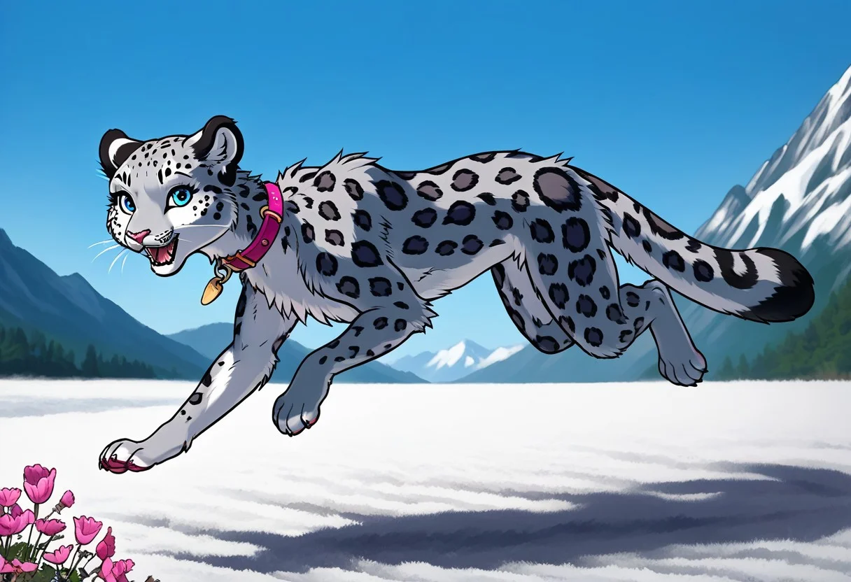 score_9, score_8_up, score_7_up, Furry female, Snow Leopard girl, Cute, Sexy, Petite, kawaii, 1girl, solo, feral feral female, digitigrade, running, female running, running on all fours, feral_snow_leopard, looking at viewer, female focus, beautiful face, female, furry female, , furry snow_leopard, anthro snow_leopard, blue eyes, bald, whiskers, gray fur , sfw,
snow_leopard fur, fluffy tail, , snow_leopard tail, , Beautiful Eyes, , , Fluffy fur, fuzzy fur, Soft Fur, bald, , messy fur, cute face, bald female, feral feral female, collar, female , <lora:BlueFox Mix V6.5 VENISON 2>, meadow, floweres, summer, , mountains, sunny weather, blue sky, flowers, trees, meadow, running female, running happy female, joyful, , sfw,